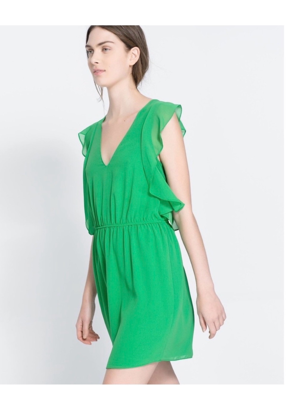 Zara Basic Green V-Neck Ruffle Sleeve Lined midi dress XL